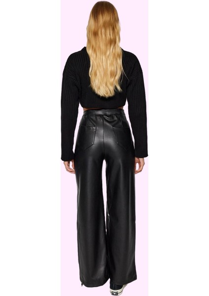 Kadın Geniş Paça Suni Deri Pantolon Yüksek Bel Beli Lastikli Şık Tasarım Dayanıklı Malzeme modelleri