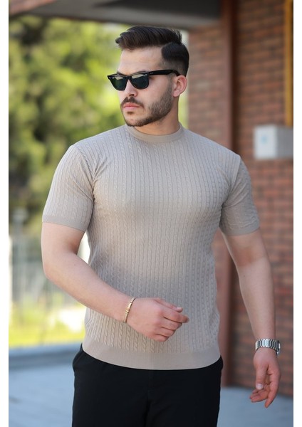 Erkek Bisiklet Yaka Örgü Desenli Kısa Örme Triko Kısa Kollu T-Shirt