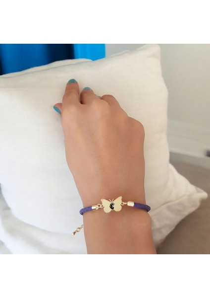 Altın Plakalı 14 Ayar Aslan Temalı Mor Derili Kelebek Motifli Hediye BILEKLIK-469SEMBOL