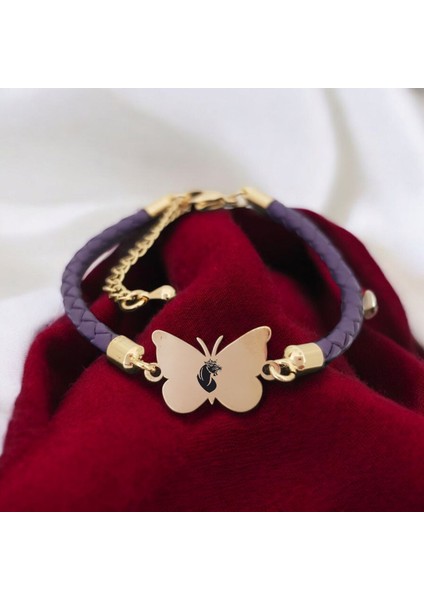 Altın Plakalı 14 Ayar Aslan Temalı Mor Derili Kelebek Motifli Hediye BILEKLIK-469SEMBOL fiyatları