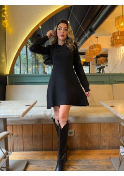 Kadın Uzun Kollu Kapüşonlu Ceket Üst ve Askısız Kare Yaka A Kesim Şardonlu Kaşkorse Elbise indirimleri