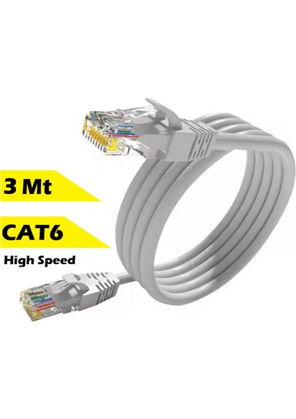 3 Metre Cat6 Internet Kablosu Ethernet Utp Patch High Speed Açık Gri (3 Metre)