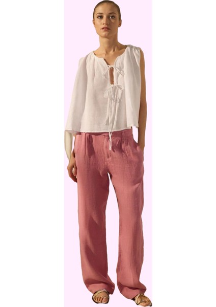 Kadın Yüksek Bel Geniş Paça Keten Pantolon Günlük Şıklık Hafta Sonu Yaz Aylarının Vazgeçilmezi