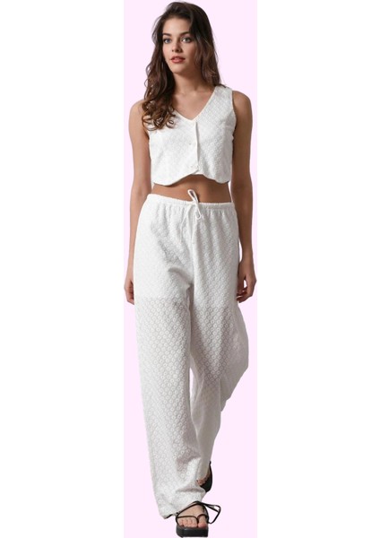 Kadın Geniş Paça Brode Desenli Yüksek Bel Pantolon Yazlık Günlük Kullanım Kaliteli Malzeme