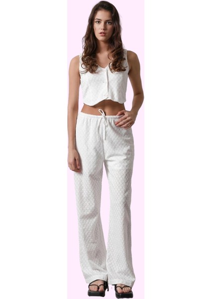 Kadın Geniş Paça Brode Desenli Yüksek Bel Pantolon Yazlık Günlük Kullanım Kaliteli Malzeme fiyatları