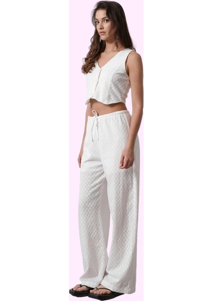 Kadın Geniş Paça Brode Desenli Yüksek Bel Pantolon Yazlık Günlük Kullanım Kaliteli Malzeme modelleri