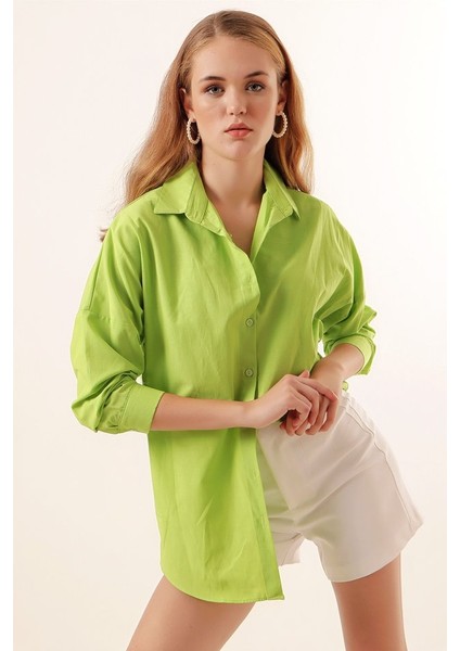 3900 Oversize Uzun Basic Gömlek - G.yeşil