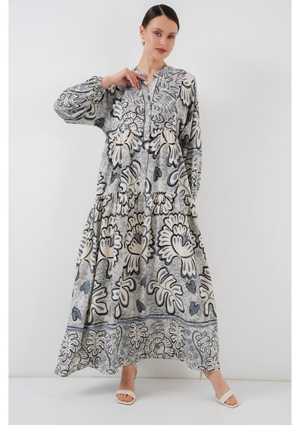 2423 Otantik Desenli Tesettür Elbise - K. Antrasit