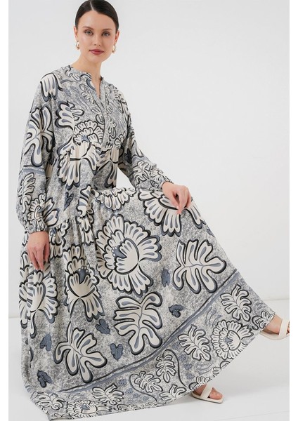 2423 Otantik Desenli Tesettür Elbise - K. Antrasit fiyatları