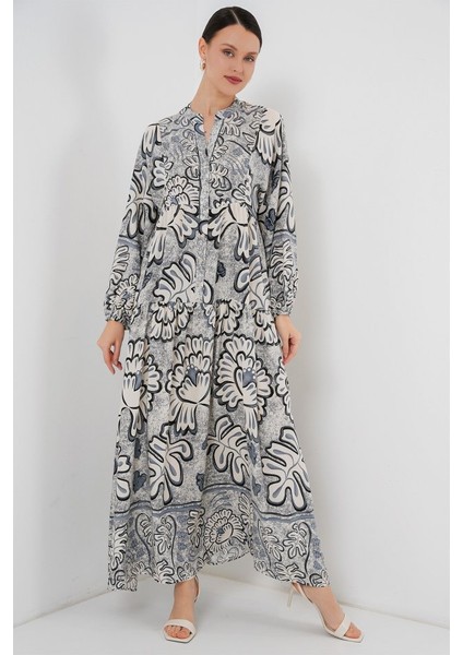 2423 Otantik Desenli Tesettür Elbise - K. Antrasit modelleri