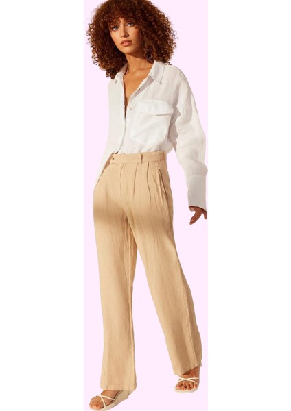 Kadın Yüksek Bel Geniş Paça Keten Pantolon Günlük Şıklık Hafta Sonu Yaz Aylarının Vazgeçilmezi fiyatları