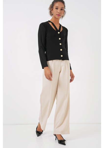 924 Düğmeli Basic Triko Hırka - Siyah fiyatları