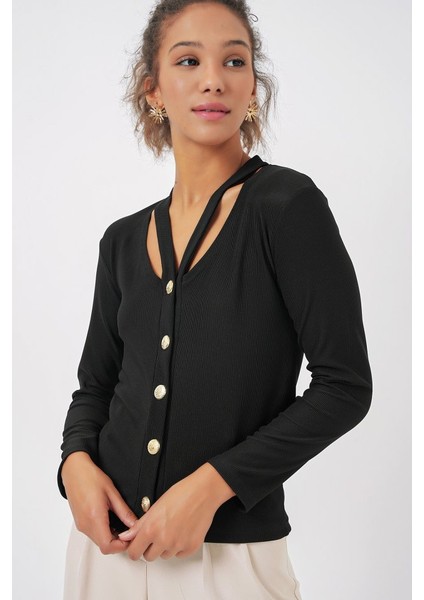 924 Düğmeli Basic Triko Hırka - Siyah modelleri