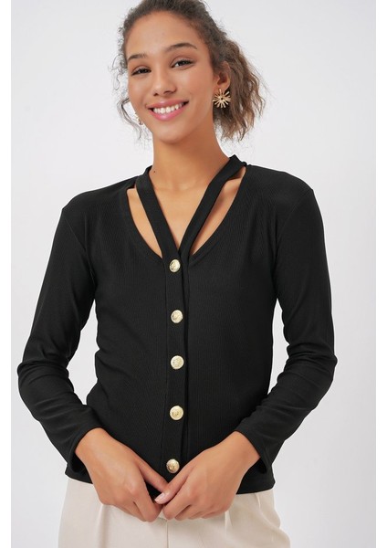 924 Düğmeli Basic Triko Hırka - Siyah fırsatları
