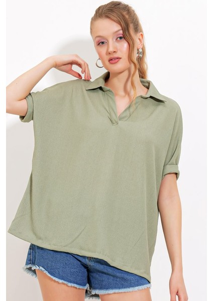 Çağla Oversize Polo Yaka Örme Bluz 0486 fiyatları