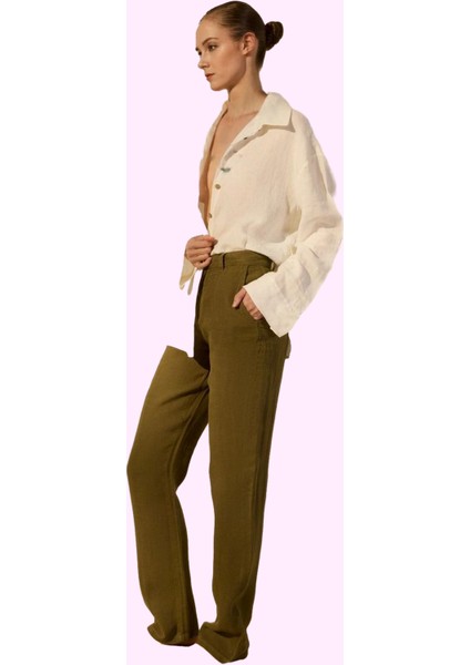 Kadın Yüksek Bel Geniş Paça Keten Pantolon Günlük Şıklık Hafta Sonu Yaz Aylarının Vazgeçilmezi