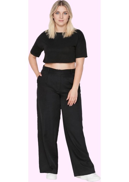 Kadın Geniş Paça Uzun Pantolon Yüksek Bel Wide Leg Düz Desen Finike Dokuma Günlük Kullanım