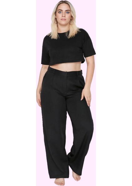 Kadın Geniş Paça Uzun Pantolon Yüksek Bel Wide Leg Düz Desen Finike Dokuma Günlük Kullanım modelleri