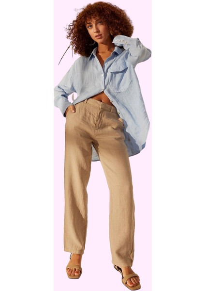 Kadın Yüksek Bel Geniş Paça Keten Pantolon Günlük Şıklık Hafta Sonu Yaz Aylarının Vazgeçilmezi