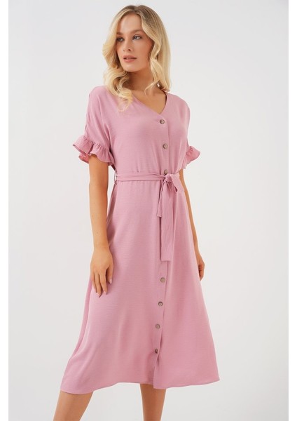Kısa Kol Düğmeli Elbise 2555 - Pudra
