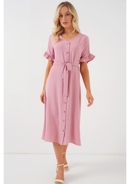 Kısa Kol Düğmeli Elbise 2555 - Pudra modelleri