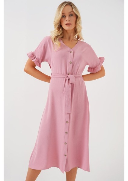 Kısa Kol Düğmeli Elbise 2555 - Pudra fırsatları