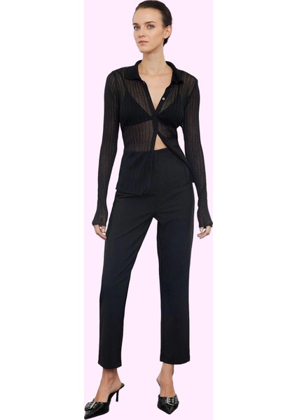 Kadın Yüksek Bel Cigarette Kalıp Dokuma Pantolon Finike Günlük Kullanım Yaz Aylarının Vazgeçilmezi