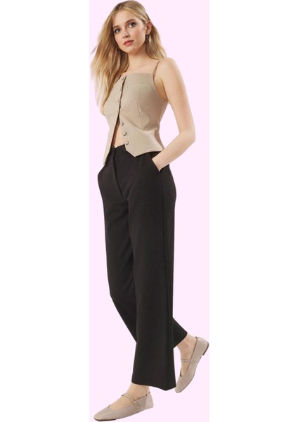 Kadın Yüksek Bel Geniş Paça Örme Pantolon Düğmeli Regular Günlük Yaz Aylarının Vazgeçilmezi modelleri