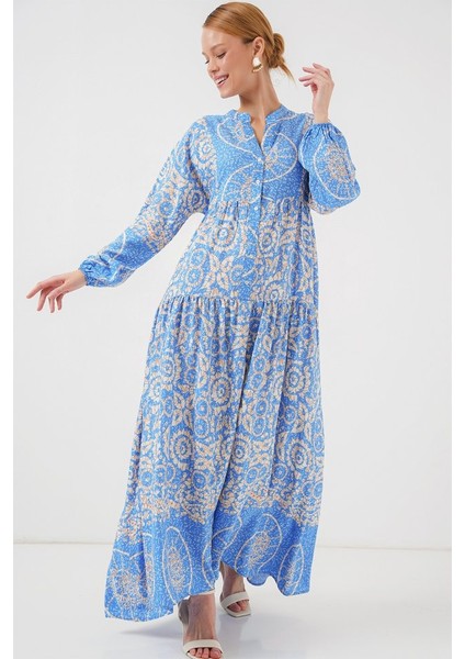 2423 Otantik Desenli Tesettür Elbise - S. Mavi