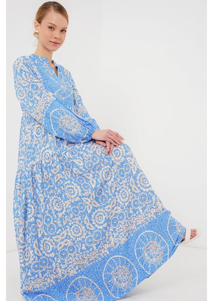 2423 Otantik Desenli Tesettür Elbise - S. Mavi fiyatları