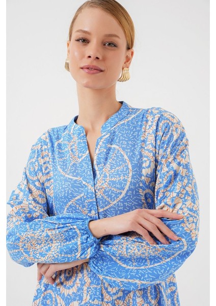 2423 Otantik Desenli Tesettür Elbise - S. Mavi modelleri