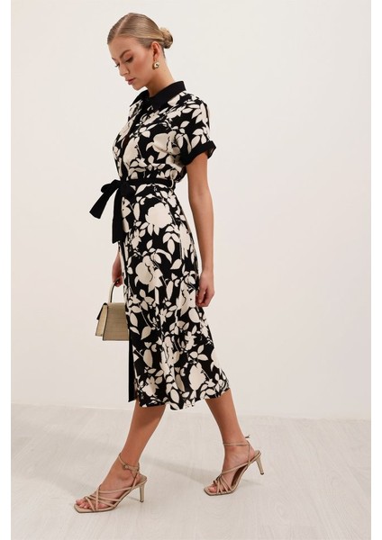 2455 Desenli Gömlek Elbise - Siyah fiyatları