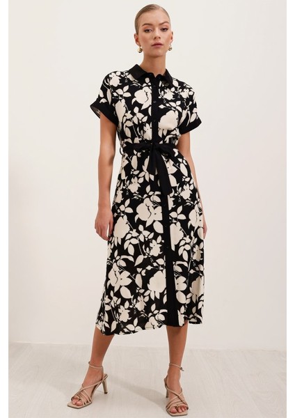 2455 Desenli Gömlek Elbise - Siyah fırsatları