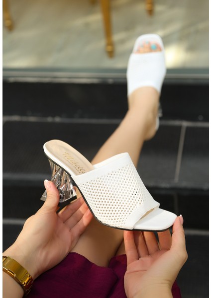 Bernishoes Akva Beyaz Triko Şeffaf Topuklu Terlik modelleri