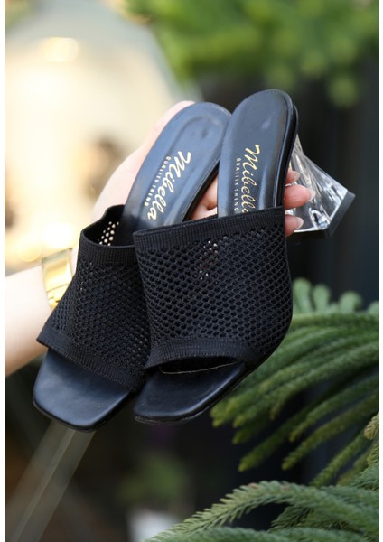 Bernishoes Akva Siyah Triko Şeffaf Topuklu Terlik modelleri