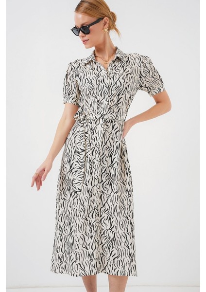 2213 Kısa Kol Viskon Elbise - C.beyaz