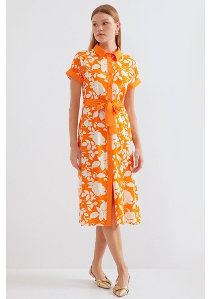 2455 Desenli Gömlek Elbise - Turuncu fiyatları