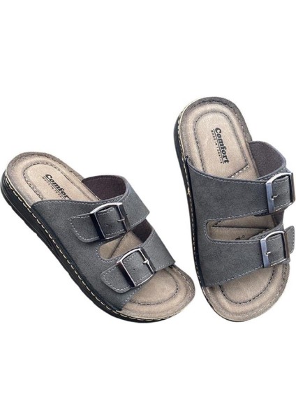 Erkek Gri Renk Ortopedik Rahat Taban Ayarlanabilir Tokalı Günlük Ev Ev Telik
