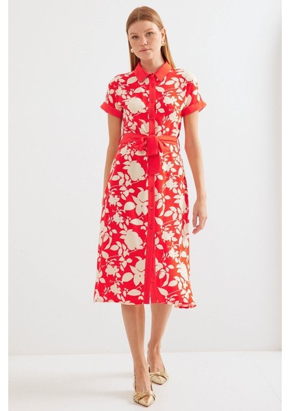 2455 Desenli Gömlek Elbise - Kırmızı fiyatları