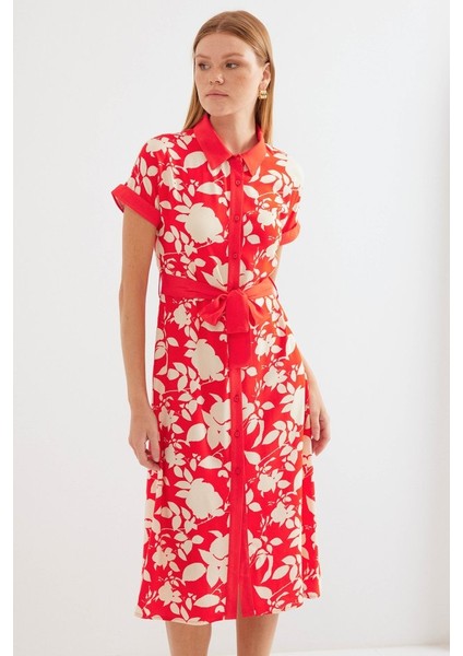 2455 Desenli Gömlek Elbise - Kırmızı modelleri