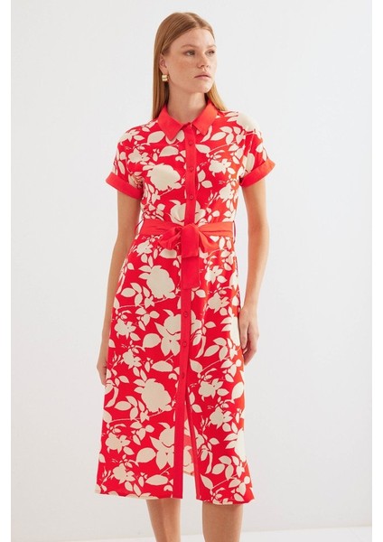 2455 Desenli Gömlek Elbise - Kırmızı fırsatları
