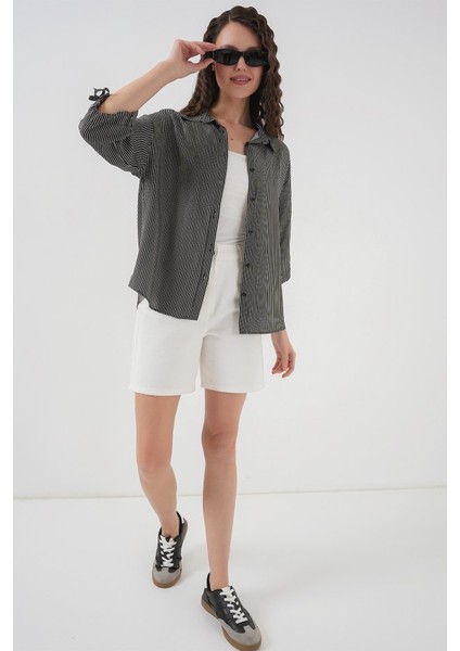Çizgili Oversize Kısa Kol Gömlek 20296 - Siyah fiyatları