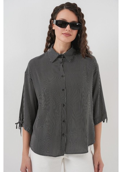 Çizgili Oversize Kısa Kol Gömlek 20296 - Siyah modelleri