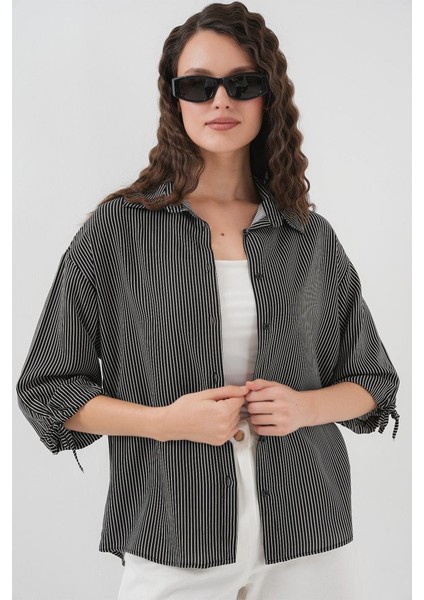 Çizgili Oversize Kısa Kol Gömlek 20296 - Siyah fırsatları