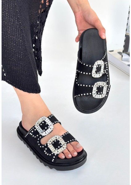 Bernishoes Juana Siyah Nubuk Taşlı Terlik modelleri