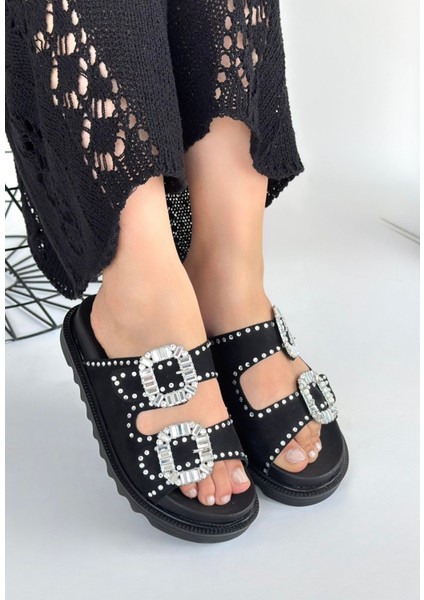 Bernishoes Juana Siyah Nubuk Taşlı Terlik fırsatları