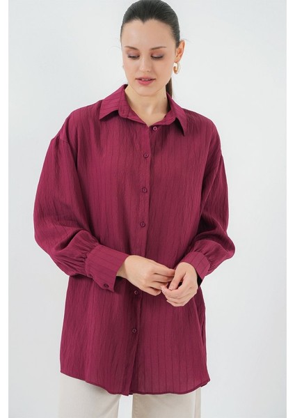Çizgili Uzun Gömlek Tunik 5963 - Bordo modelleri