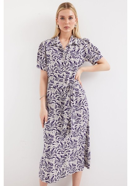 2213 Kısa Kol Viskon Elbise - F.lacivert