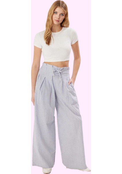 Kadın Geniş Paça Çizgili Dokuma Pantolon Pamuk Günlük Kullanım Hafta Sonu Kaliteli Malzeme fiyatları