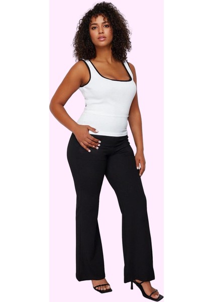 Kadın Yüksek Bel Flare Pantolon Krep Dokuma Düz Desen Regular Boy Yaz Aylarının Vazgeçilmezi